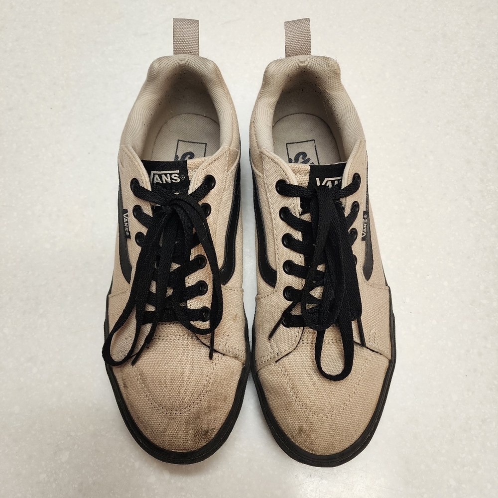 Mens Vans Filmore Beige Taupe Canvas Low-Top Sneakers with Black Accents Size 9 - Picture 1 of 8